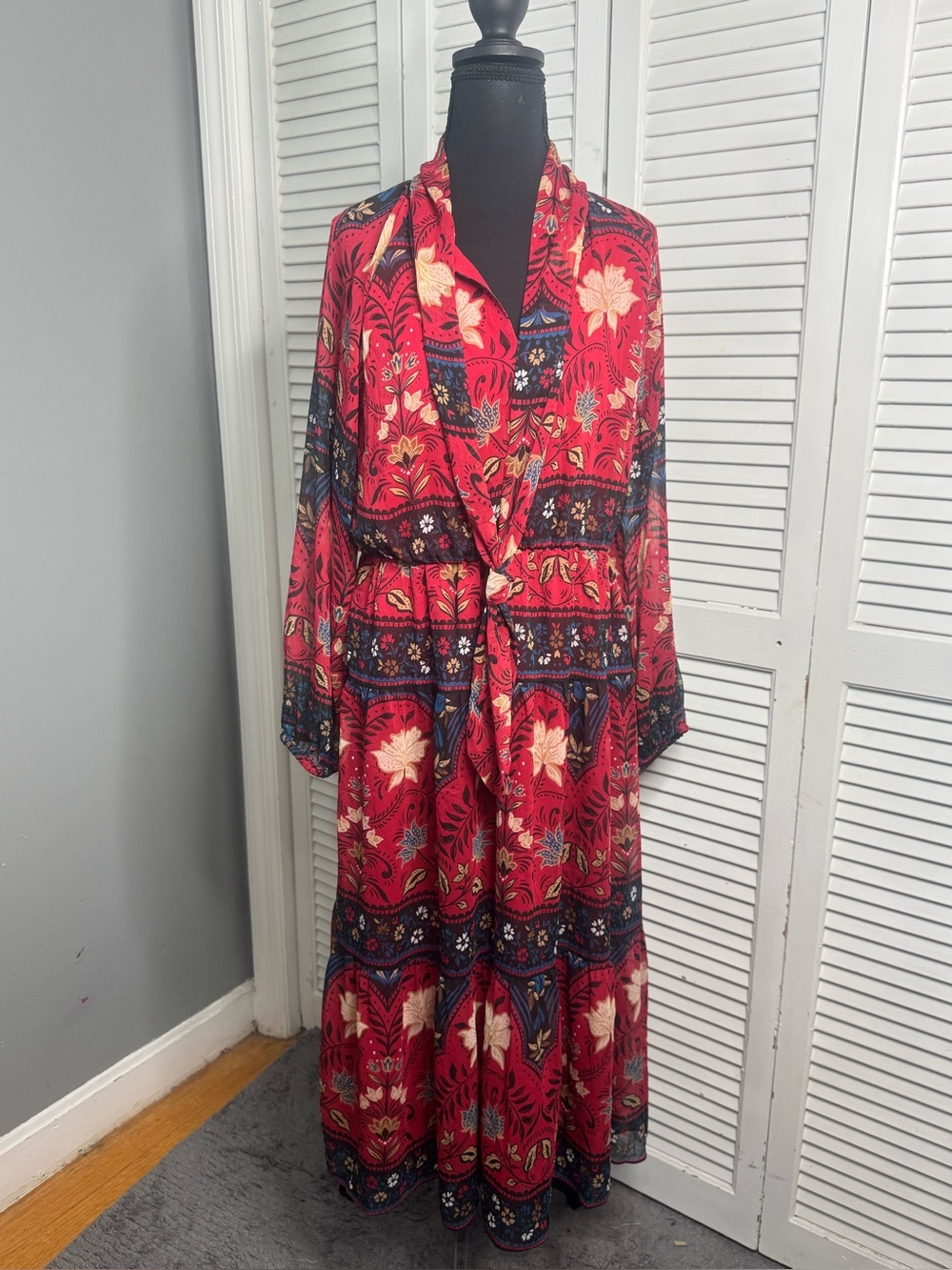 LOFT Red Floral Boho Chiffon Tiered Maxi Dress with Navy Accents Medium